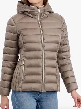 Michael Kors Quilted Hooded Puffer Jacket in Taupe